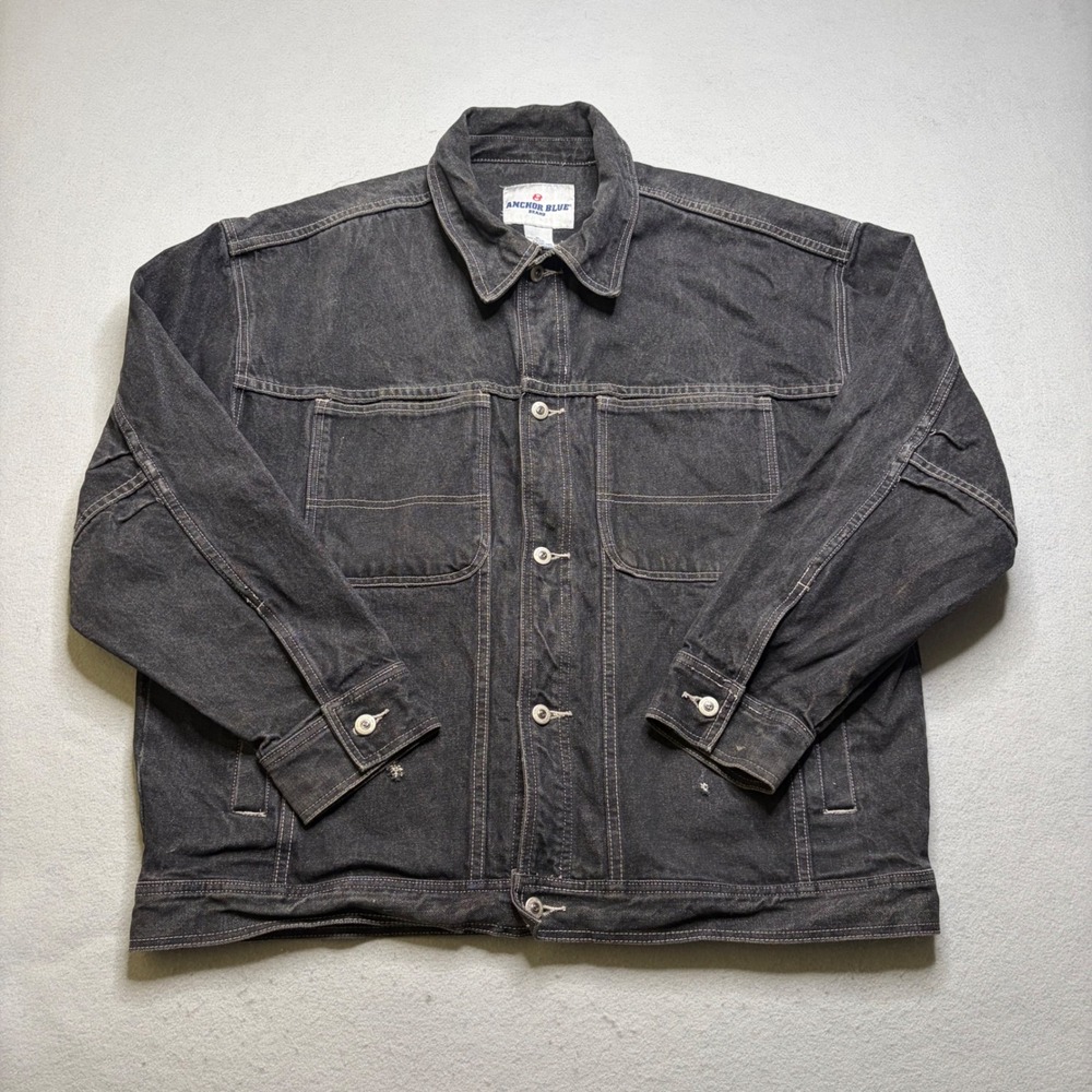 Anchor Blue Denim Jacket Mens XL Black Vintage Distressed 90s Boxy Workwear